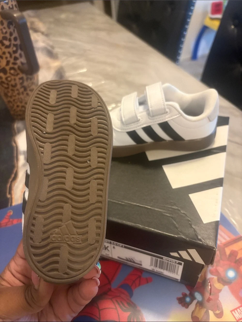 adidas Kids White and Black Velcro Sneakers with Brown Sole